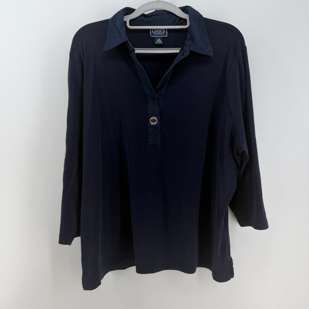 Chaps Classics‎ Polo Shirt Womens 3X Navy Blue 3/4 Sleeve Cotton Casual Preppy